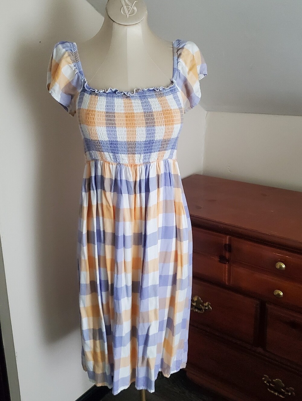 Smocked Gingham Midi Dress in Lavender and Orange